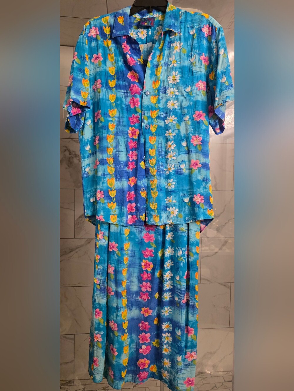 Vintage Jams World Long "Water Daisy" Blue Floral Two-Piece Dress Set MINT M & S